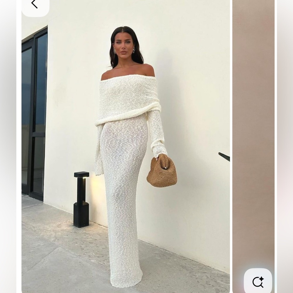 Meshki Cream Off Shoulder Boucle Maxi Dress